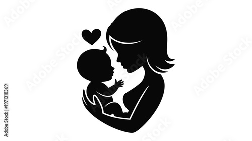 Silhouette of a mother tenderly holding her child with a heart symbol above minimalist design vector illustration in black and white