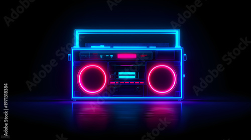Obraz na płótnie Glowing neon boombox reflecting retro music aesthetic