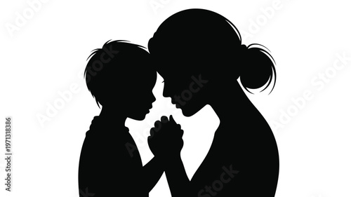 Silhouette of a mother and child embracing tenderly with foreheads touching in a moment of love and connection outlined in black against a white background