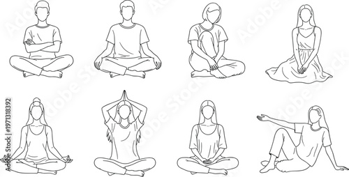 Collection of hand drawn line art illustrations featuring diverse people practicing meditation, yoga poses, and mindfulness exercises for wellness designs
