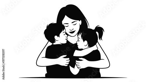 Silhouette of a mother warmly embracing two children in a tender moment of love and family bonding