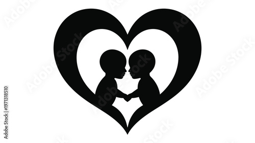 Silhouette of a loving couple embracing within a heart shape symbolizing romance and connection depicted in bold black and white contrast against a clean background