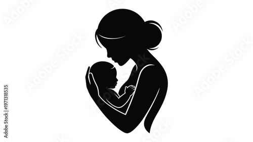 Silhouette of a mother tenderly holding her infant child depicted in minimalist black and white design emphasizing love and maternal bonding