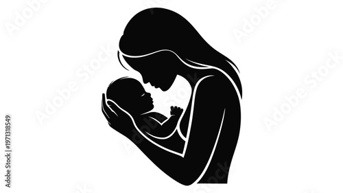 Silhouette of a mother tenderly holding her baby in a minimalist black and white design conveying warmth love and maternal care in a symbolic and elegant representation