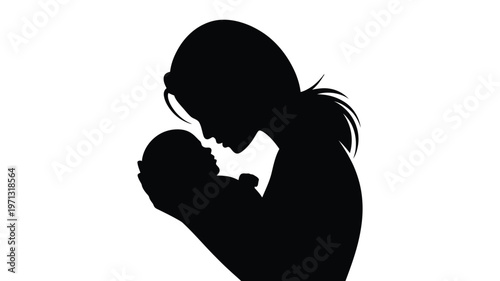 Silhouette of a mother tenderly holding her baby in a minimalist black and white design conveying love protection and maternal bond