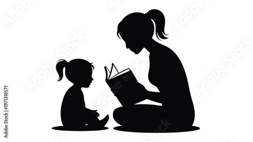 Silhouette of a mother reading a book to her young daughter while sitting together in a calm and intimate moment with both figures facing each other in a minimalist
