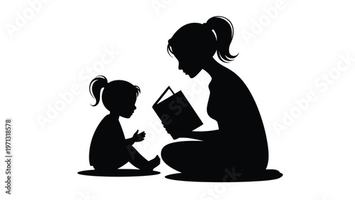 Silhouette of a mother and daughter sitting together sharing a book in a warm intimate moment black and white illustration