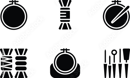 Six Black Icons Of Sewing And Crafting Supplies On White embroidery needlework