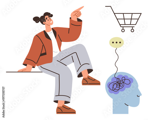 Decision-making, mental processes, consumer behavior, problem-solving, psychology, online shopping. A person pointing with a thought bubble, brain diagram and shopping cart. Decision-making
