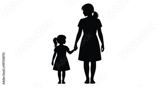 Silhouette of a young mother and her daughter holding hands walking together in a heartwarming moment of bonding depicted in black and white with simplicity and elegance conveying