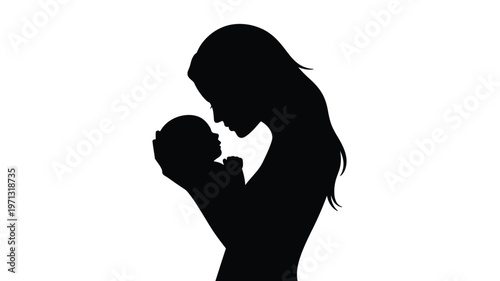 Silhouette of a mother tenderly holding her infant in a minimalist black and white design conveying warmth love and maternal bonding