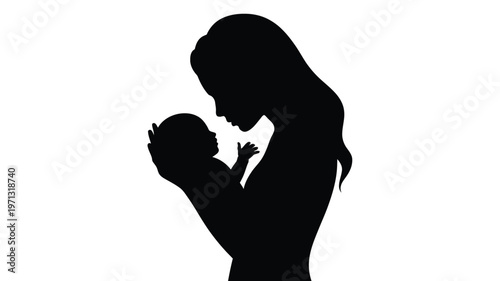 Silhouette of a mother tenderly holding her baby shown in a black and white minimalist design with smooth curves and elegant lines