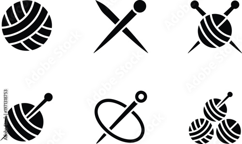 Six Black Knitting and Crafting Icons on White Background yarn wool