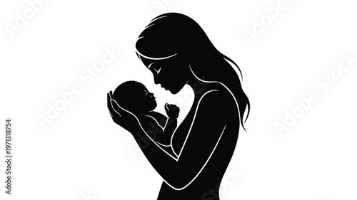 Silhouette of a mother tenderly holding her newborn baby in a minimalist design emphasizing maternal love and care in a clean modern style