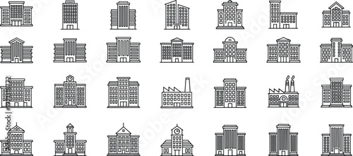Comprehensive building and architecture line icon set featuring skyscrapers, office blocks, government buildings, schools, factories, hospitals, and modern urban real estate structures.