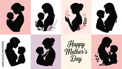 Silhouettes of mothers tenderly embracing children with floral accents and warm pastel background celebrating mother's day love and bonding