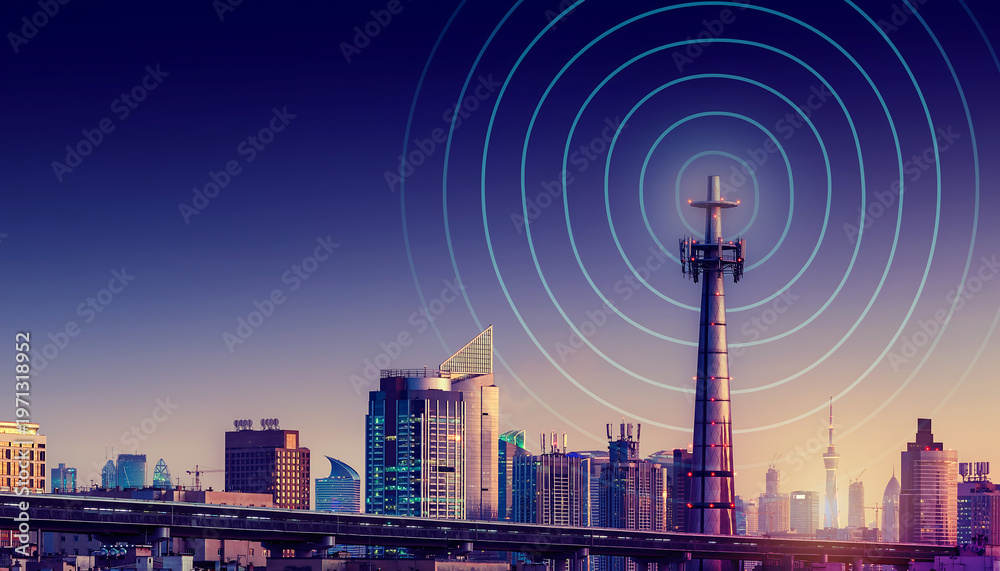 Obraz premium 5G Communication Tower with Wireless Signal in Modern City at Sunset