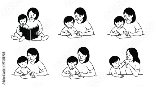 Mother and child bonding in a series of heartwarming illustrations showing reading playing and affectionate moments in minimalist black and white style