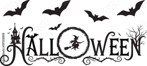 A spooky Halloween graphic with bats, witch, and castle on a white background.