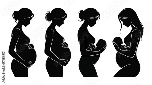 Silhouettes of a pregnant woman in stages of pregnancy and motherhood holding a newborn baby isolated on white background minimalist design mother and child bonding concept