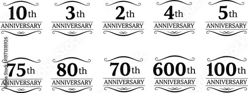 WebElegant vintage anniversary emblem collection featuring decorative swirls, classic typography for years two, three, four, five, ten, seventy, seventy-five, eighty, hundred, and six-hundred.
