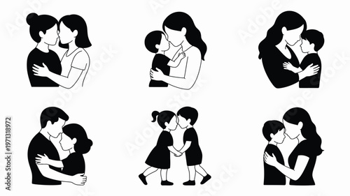 Silhouettes of families embracing in heartwarming moments black and white illustrations of parents kissing children depicting love togetherness and connection