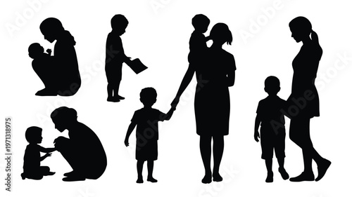 Silhouettes of a mother and child interacting in tender moments showing love care and bonding in various poses