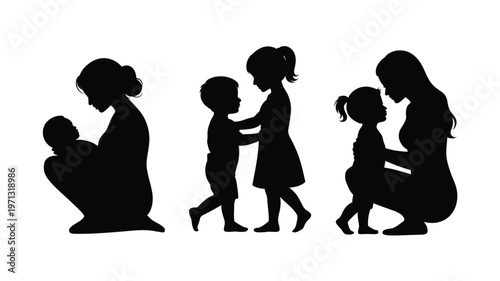 Silhouette of a mother nurturing her baby walking with a toddler and bonding with her child in a heartwarming family moment series