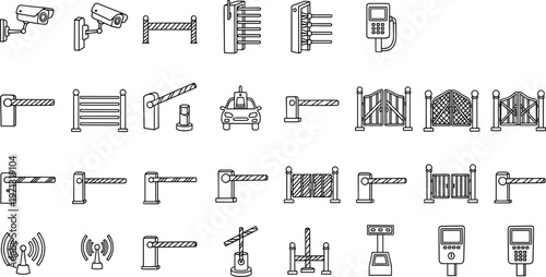 Security and access control icon set including cctv cameras, automatic barrier gates, turnstiles, parking systems, entrance fences, cad drawing flat vector illustration, flavector.