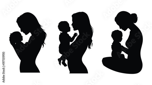 Silhouettes of a mother tenderly holding her baby in three unique poses showcasing bonding nurturing and maternal love depicted in sleek black designs