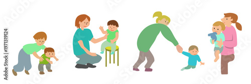 子育てする母親と子供のイラストセット/Vector illustration set for mother and child to be raised