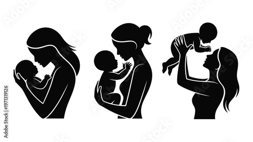 Silhouettes of mothers tenderly holding infants in three unique poses expressing maternal love and nurturing care in minimalist black and white vector art style
