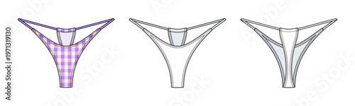 Thong Underwear Technical Fashion Illustration Set, Minimal String Bikini Bottom Vector Template, Front and Back Views, Lingerie CAD Mockup