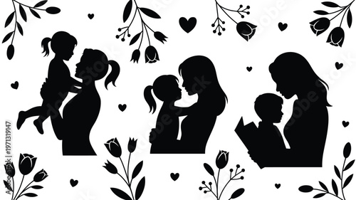 Three silhouettes of mothers tenderly holding their children surrounded by delicate floral and heart designs conveying love and family bonding in a minimalist elegant style
