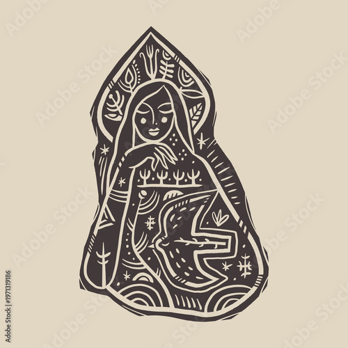 Folkloric Ornamental Minimalist Slavic Princess in Kokoshnik Linocut Style Vector Illustration with Folklore Landscape Isolated Clipart