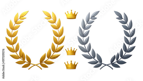 Coronas de laurel dorada y plateada con coronas reales, símbolos de victoria y éxito, ideales para premios y reconocimientos.