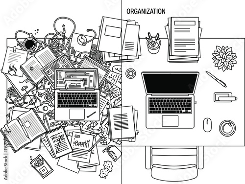 Workspace organization vector illustration with messy and clean desk comparison, laptop, documents and office supplies productivity concept line art design