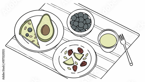 Healthy small portion breakfast with avocado toast berries yogurt and tea illustrating balanced eating mindful snacking and portion control lifestyle