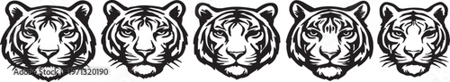Row of five artistic tiger head line drawings with intricate patterns and fierce expressions