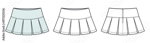 Minimal Pleated Mini Skirt Technical Fashion Illustration, Clean Waistband Tennis Skirt Vector Template, Front and Back View, Womenswear CAD Mockup