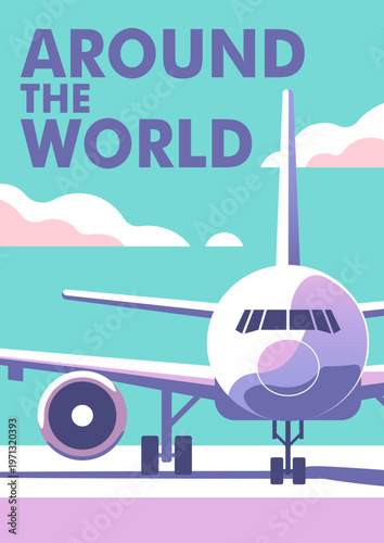 Airplane on runway. Travel and vacation banner. Vector illustration in a minimalistic style.