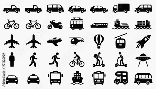 Transportation icon set with cars buses trains airplanes boats rockets human travel design