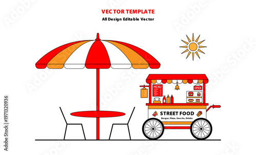 Vintage food cart vector featuring red and white striped canopy, wheels, counter, and street vendor style.