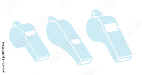 Three light blue whistles, a simple vector illustration set. Whistle icons for sports, coaching, and refereeing. Essential sound signal tools for events and safety.