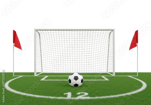 Soccer player preparing to kick ball on a marked field with flags