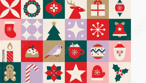 Christmas holiday icon set with wreath tree gift stocking reindeer snowflake festive design