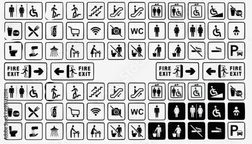Public signage icon set with restroom elevator food drink parking fire exit symbols