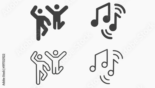 Dance and music icon set with figures sound note symbols in solid and outline design