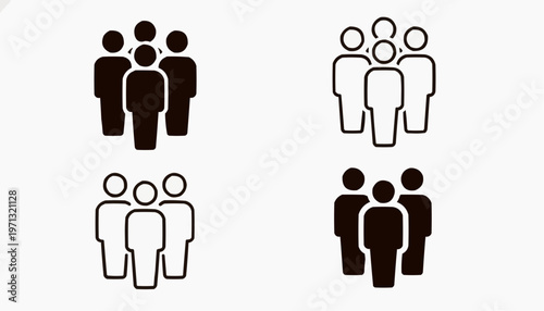 Group of people icon set with solid and outline variations for user interface design