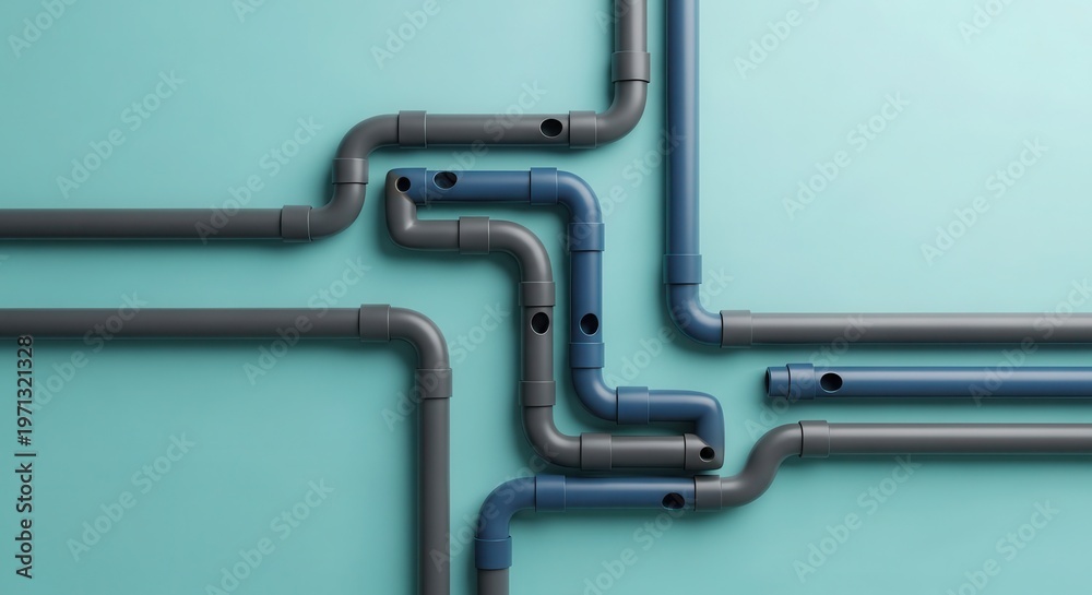 © Helena - Interconnected gray and blue plastic pipes arranged on a light blue background, showcasing various angles and junctions of plumbing components in a structured layout © Helena - Interconnected gray and blue plastic pipes arranged on a light blue background, showcasing various angles and junctions of plumbing components in a structured layout